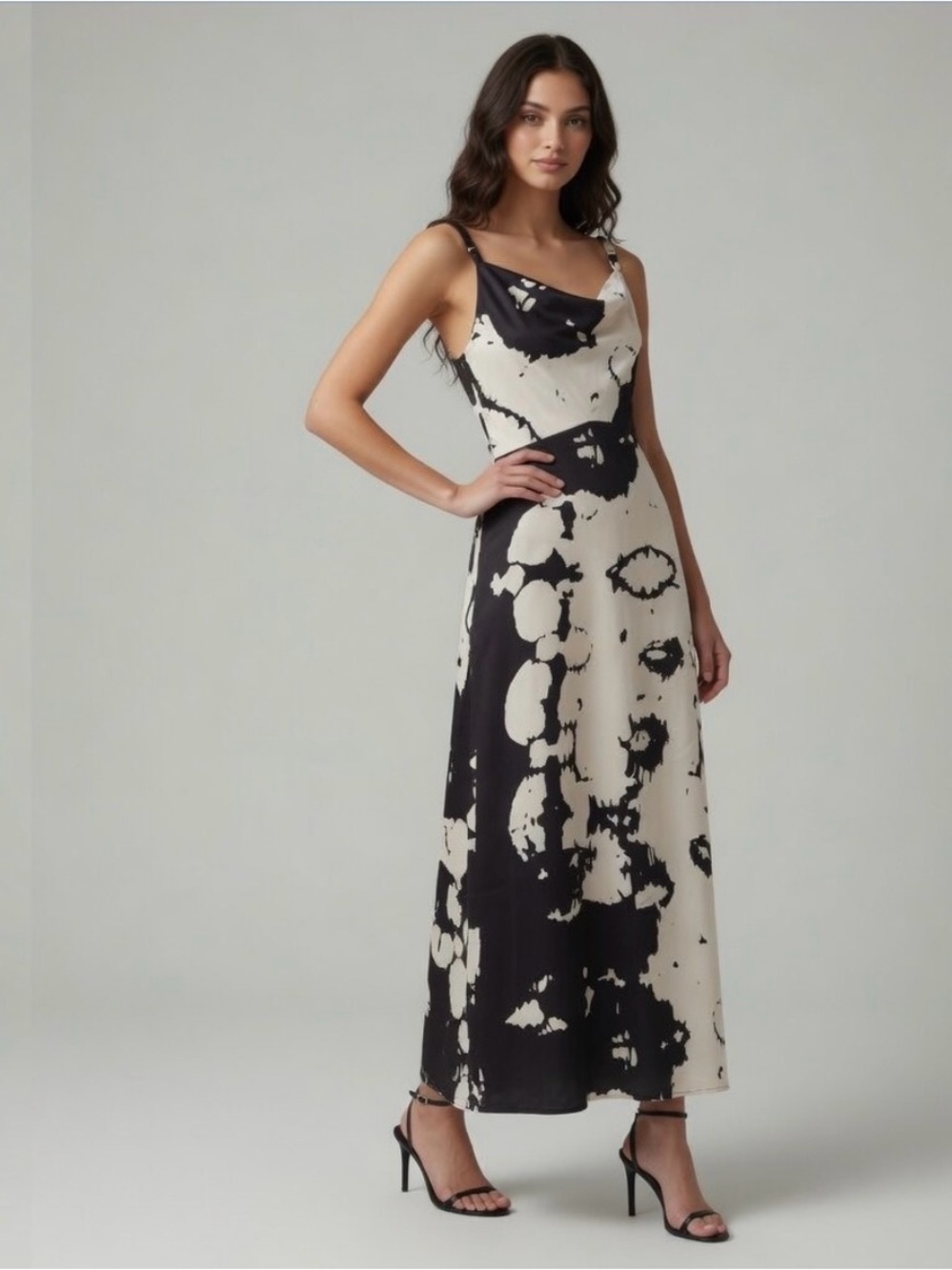 NWT Line and Dot Satin Maxi Dress Abstract Print Gown Brown Crowl Neck Revolve